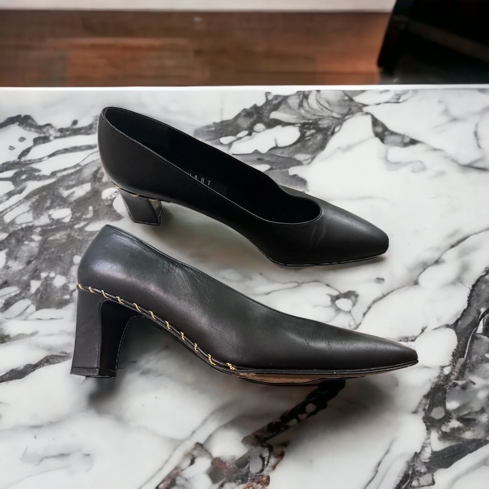 STUART WEITZMAN Black Leather Gold Braid Trim Block Heel Pumps Sz 8W